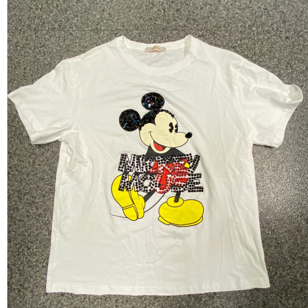 Okay Mickey Mouse Graphic‎ T-Shirt Women Large White Excellent Rhinestone Sequin